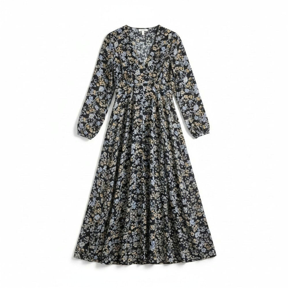 Women Floral Maxi Dress Long Sleeve Faux Wrap Black Blue Yellow Cottagecore Boho